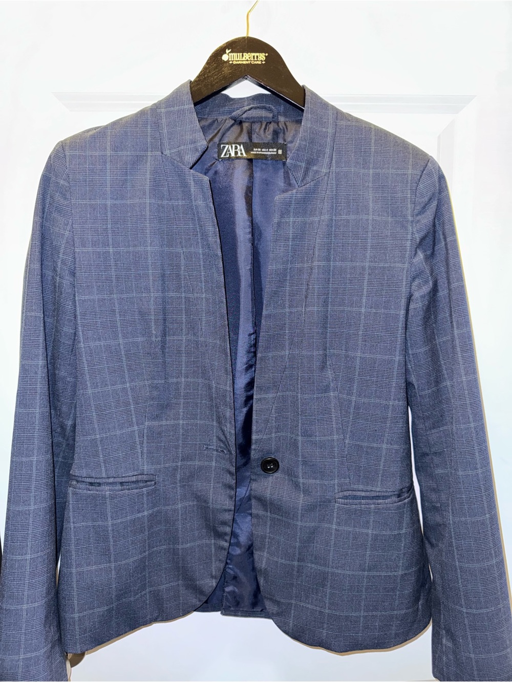 ZARA Blue Windowpane Collarless Blazer